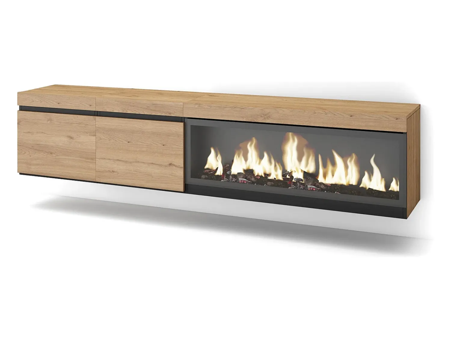 Skraut Home Móvel de TV, 208x35x45cm, Para televisores até 80", Lareira eléctrica XXL, Suspensos, Carvahlo^ Móvel De Tv