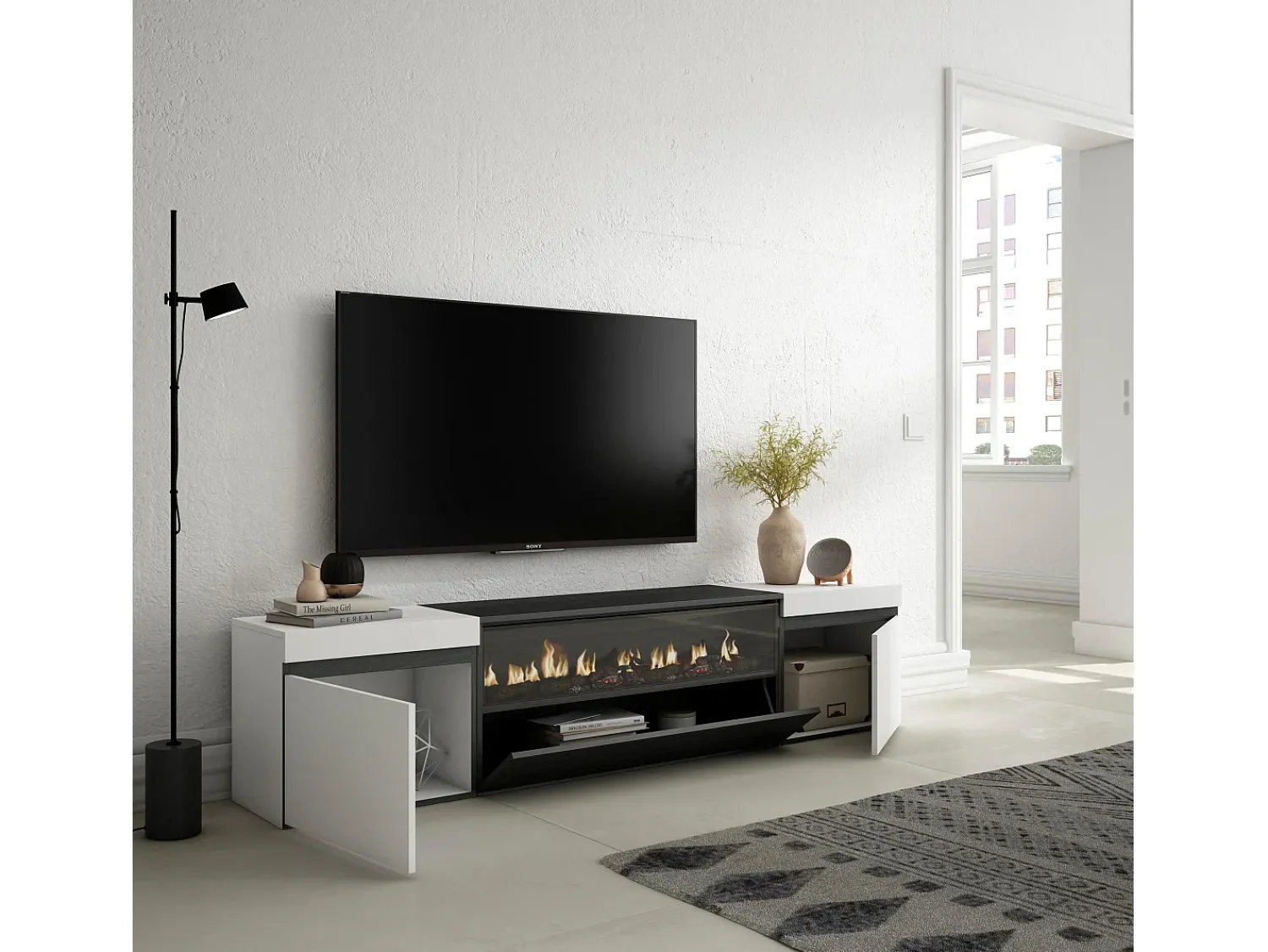 Móvel De Tv|Skraut Home Móvel de TV, 200x35x45cm, Para televisores até 80", Lareira eléctrica, e preto Branco