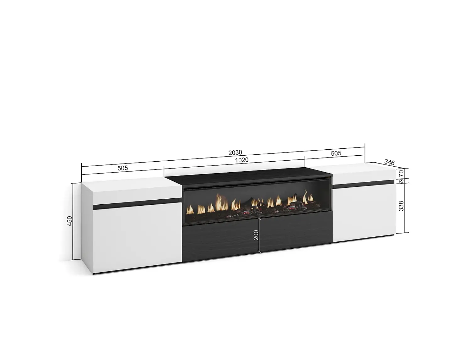 Móvel De Tv|Skraut Home Móvel de TV, 200x35x45cm, Para televisores até 80", Lareira eléctrica, e preto Branco