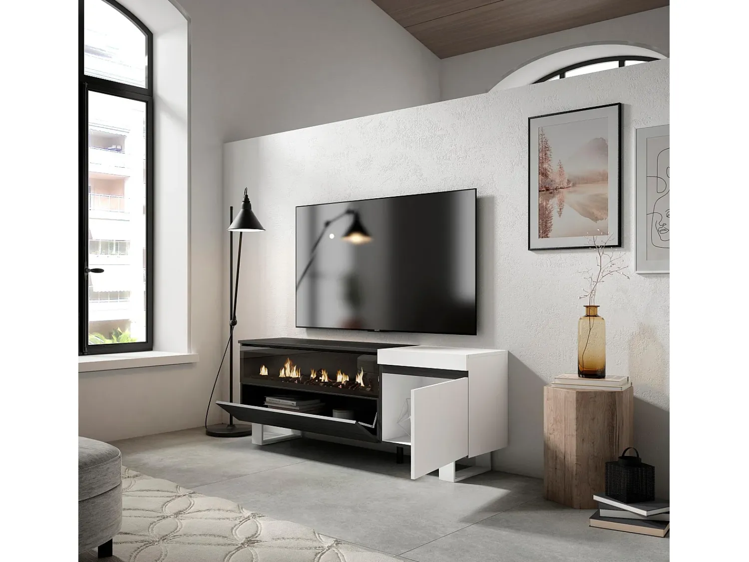 Outlet Skraut Home Móvel de TV, 150x35x57cm, Para televisores até 65", Lareira eléctrica, Design industrial, e preto Branco