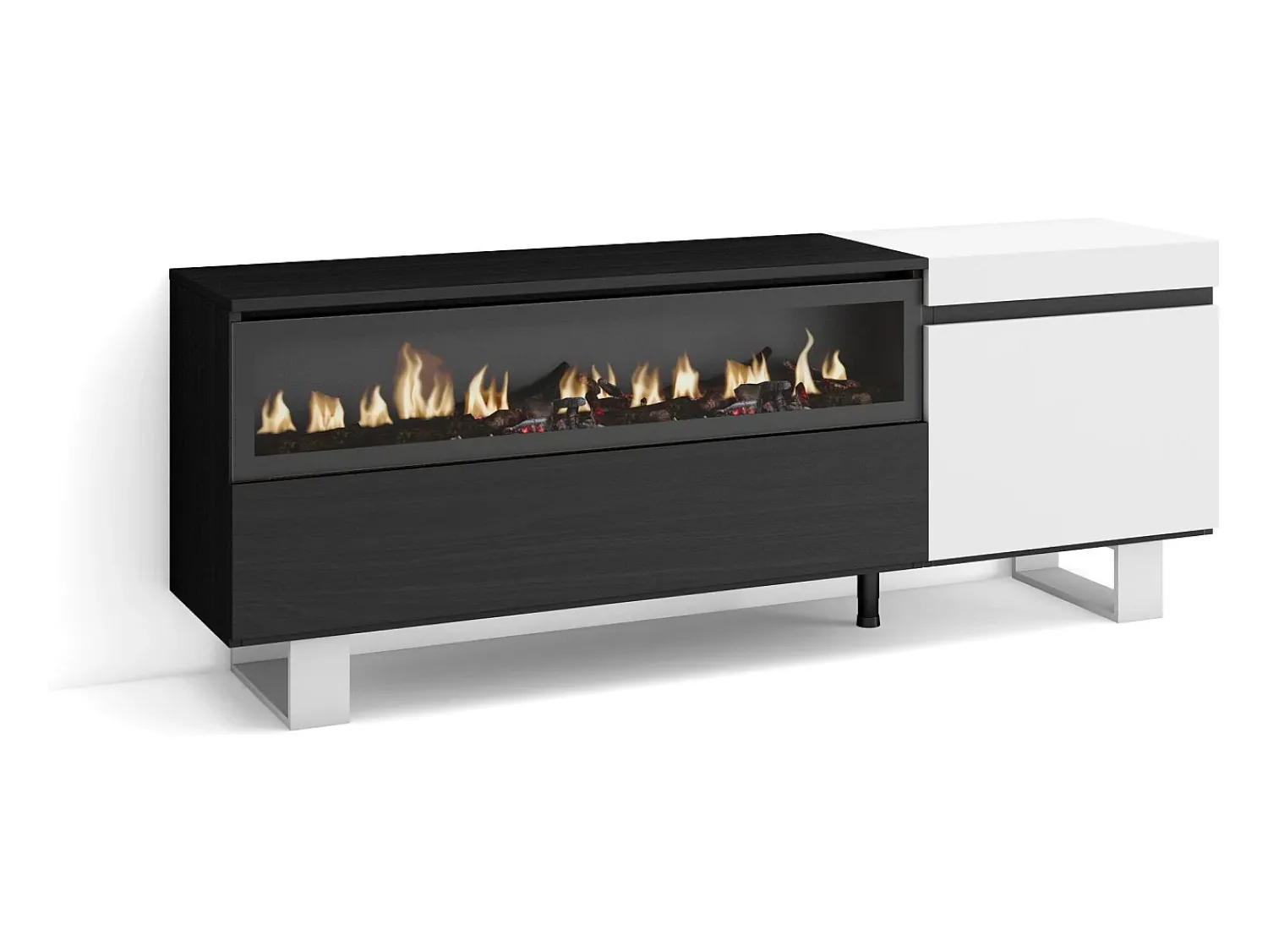 Outlet Skraut Home Móvel de TV, 150x35x57cm, Para televisores até 65", Lareira eléctrica, Design industrial, e preto Branco