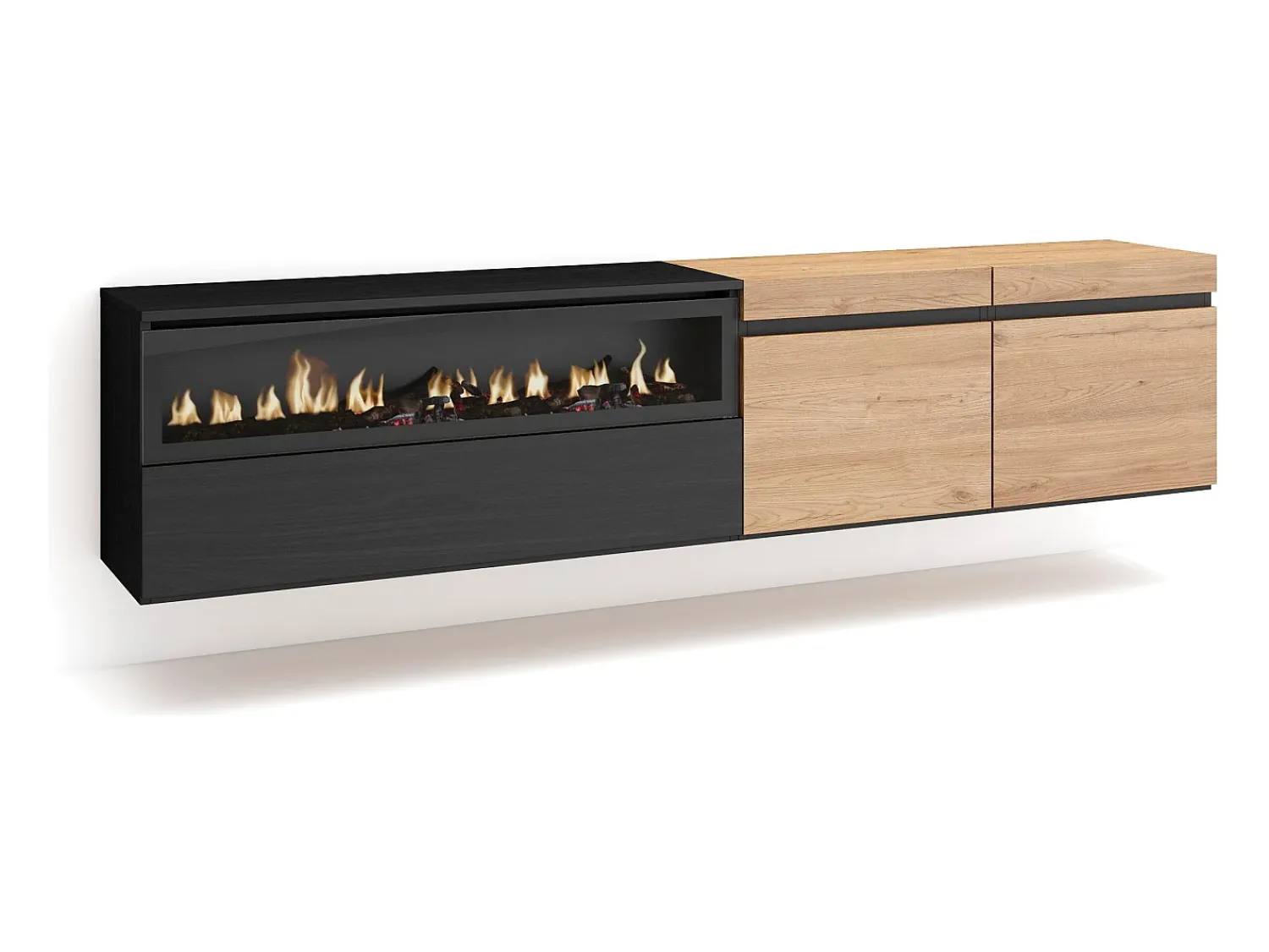 Móvel De Tv*Skraut Home Móvel de TV, 200x35x45cm, Para televisores até 80", Lareira eléctrica, Suspensos, Carvahlo e preto Natural claro