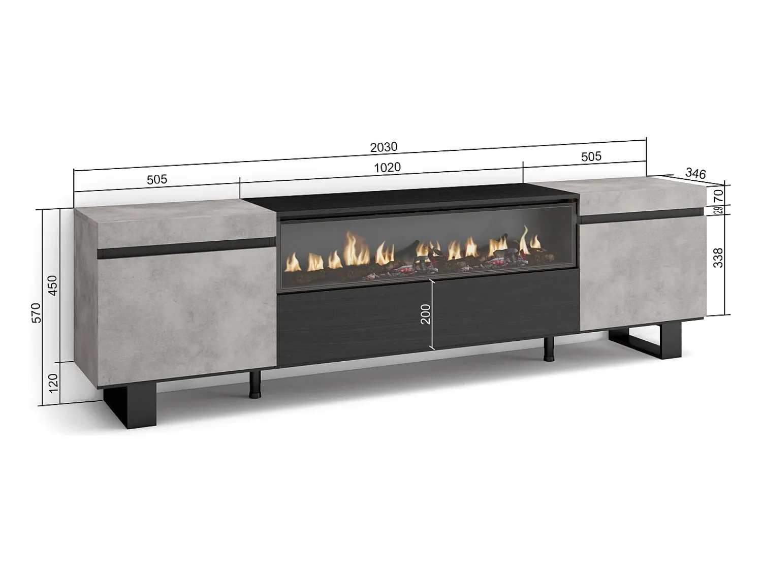 Móvel De Tv|Skraut Home Móvel de TV, 200x35x57cm, Para televisores até 80", Lareira eléctrica, Design industrial, Cimento Cinzento