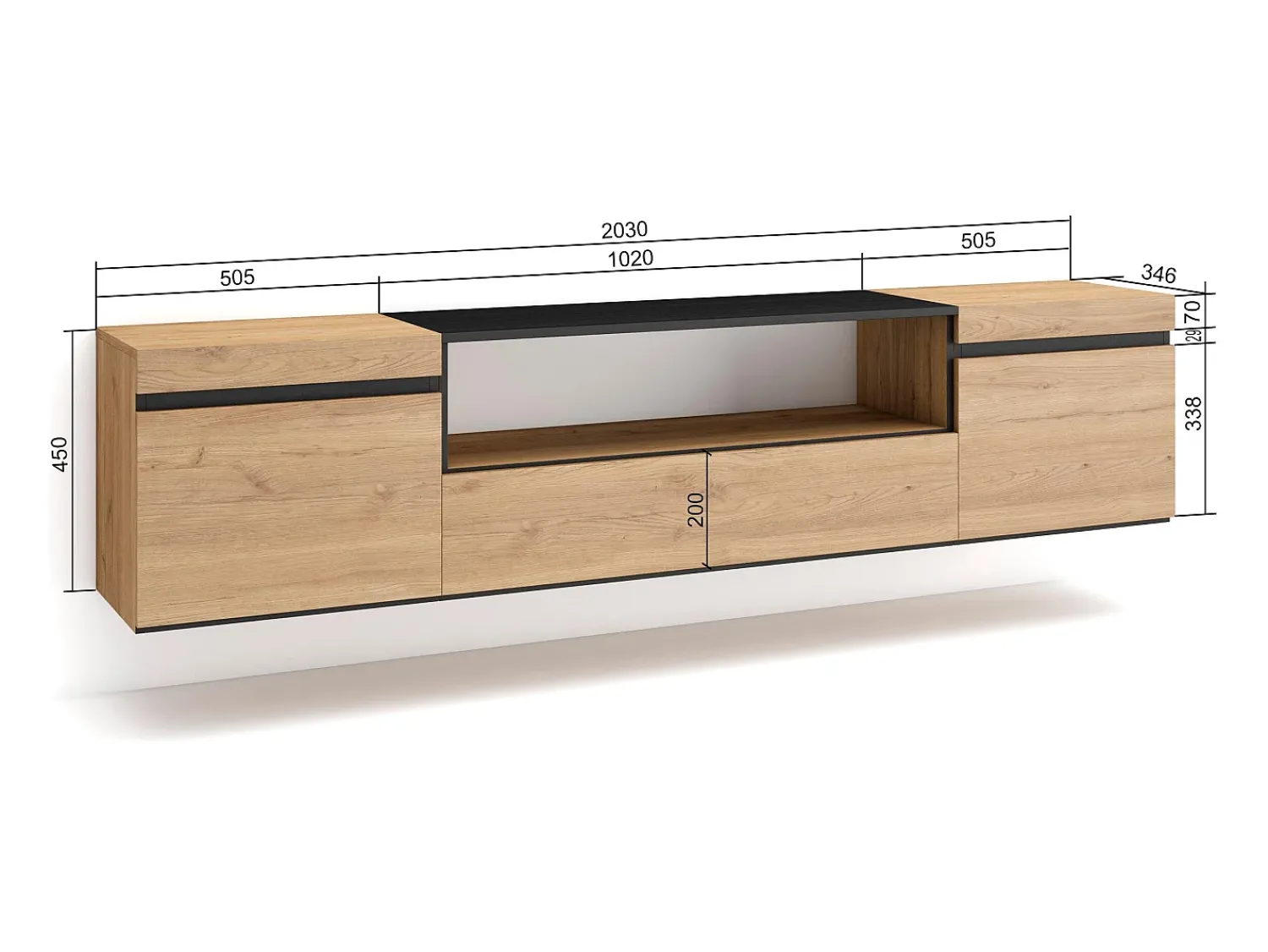 Móvel De Tv*Skraut Home Móvel de TV, 200x35x45cm, Para televisores até 80", Suspensos, Carvahlo e preto Natural claro