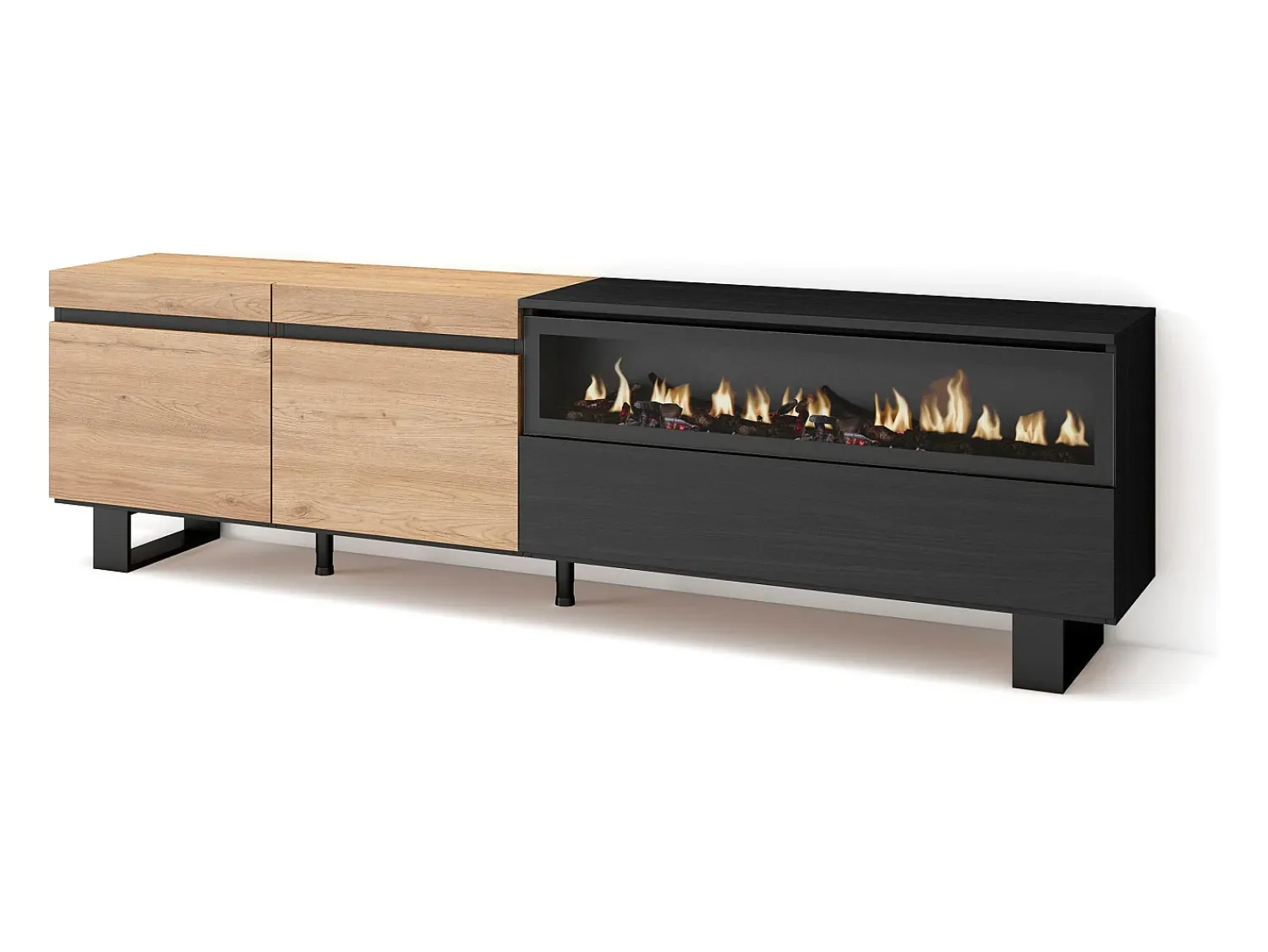 Móvel De Tv*Skraut Home Móvel de TV, 200x35x57cm, Para televisores até 80", Lareira eléctrica, Design industrial, Carvahlo e preto Natural claro