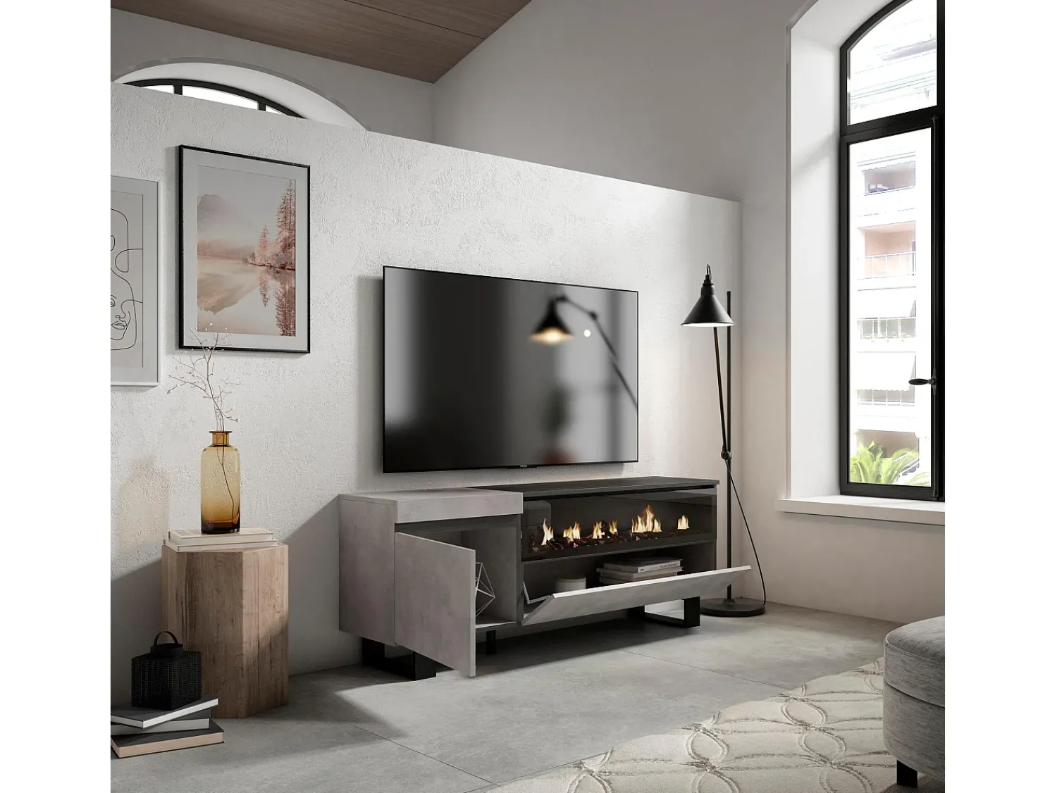 Discount Skraut Home Móvel de TV, 150x35x57cm, Para televisores até 65", Lareira eléctrica, Design industrial, Cimento Cinzento