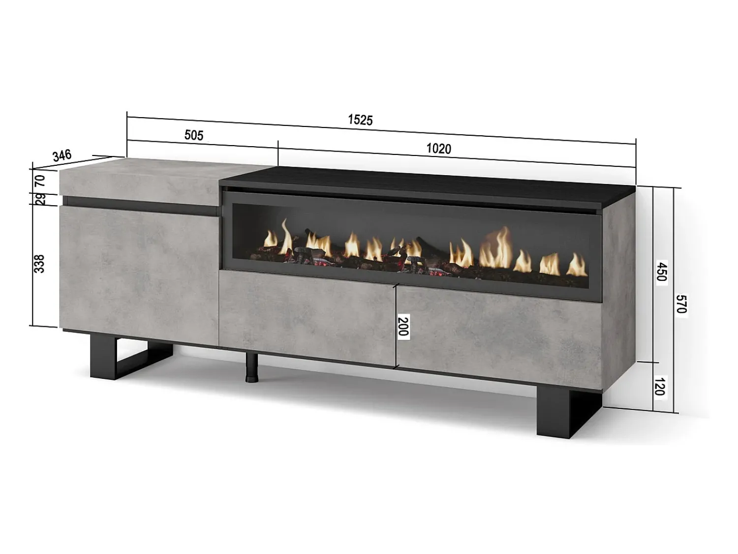 Discount Skraut Home Móvel de TV, 150x35x57cm, Para televisores até 65", Lareira eléctrica, Design industrial, Cimento Cinzento