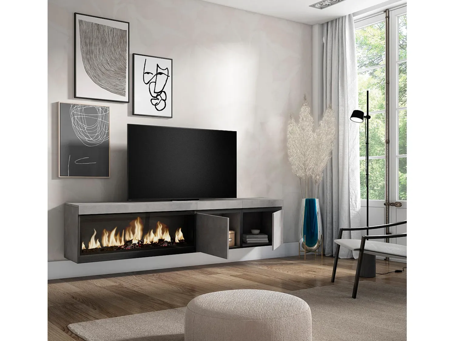 Móvel De Tv|Skraut Home Móvel de TV, 208x35x45cm, Para televisores até 80", Lareira eléctrica XXL, Suspensos, Cimento Cinzento