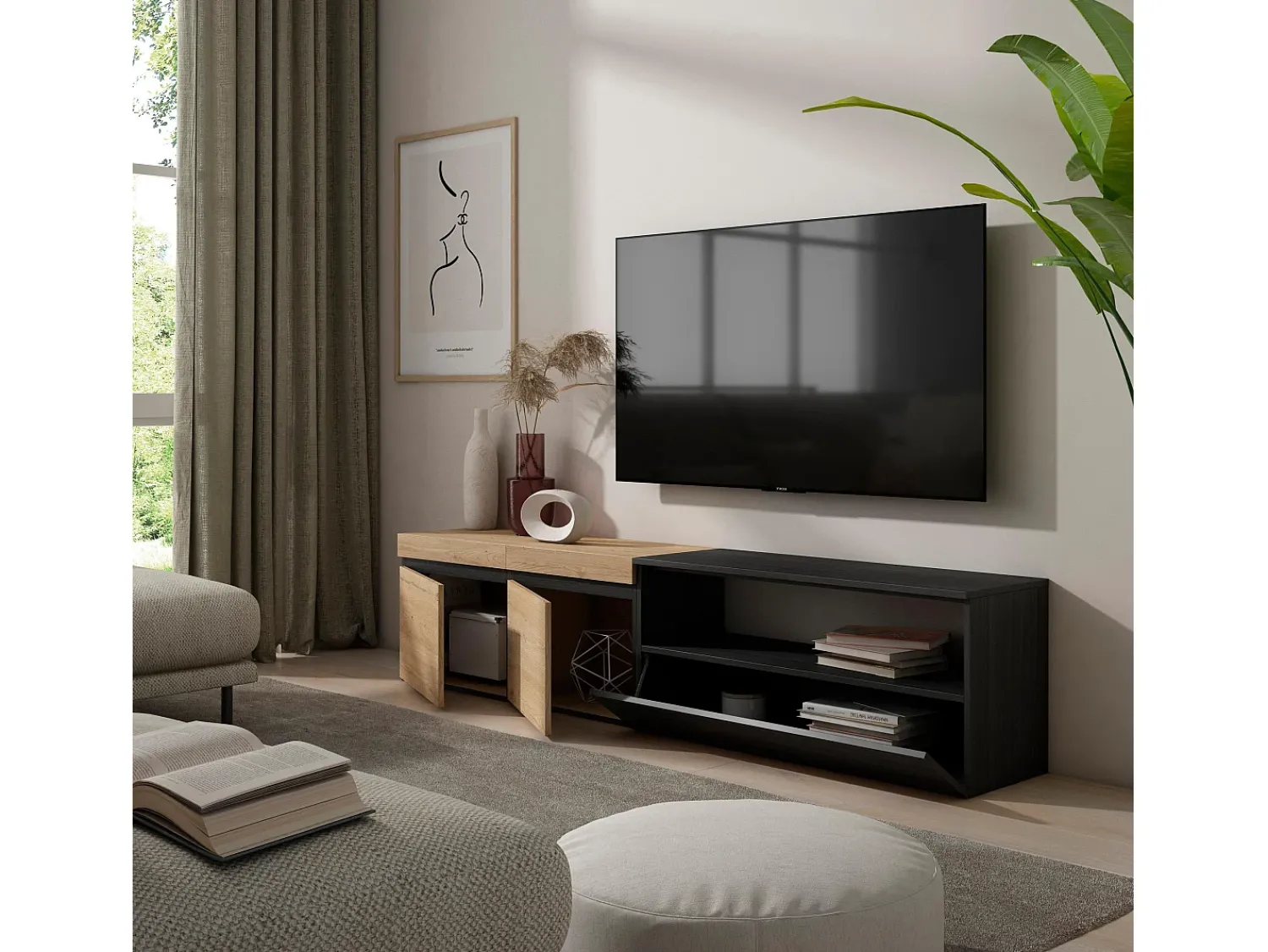 Móvel De Tv*Skraut Home Móvel de TV, 200x35x45cm, Para televisores até 80", Estante para TV, Carvahlo e preto Natural claro