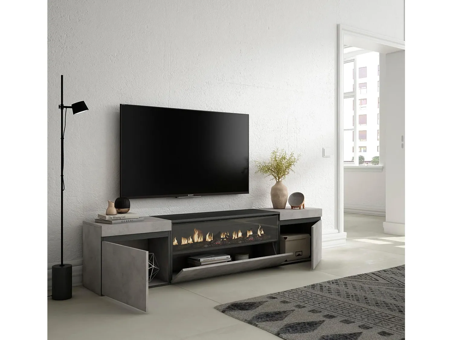 Hot Skraut Home Móvel de TV, 200x35x45cm, Para televisores até 80", Lareira eléctrica, Cimento Cinzento