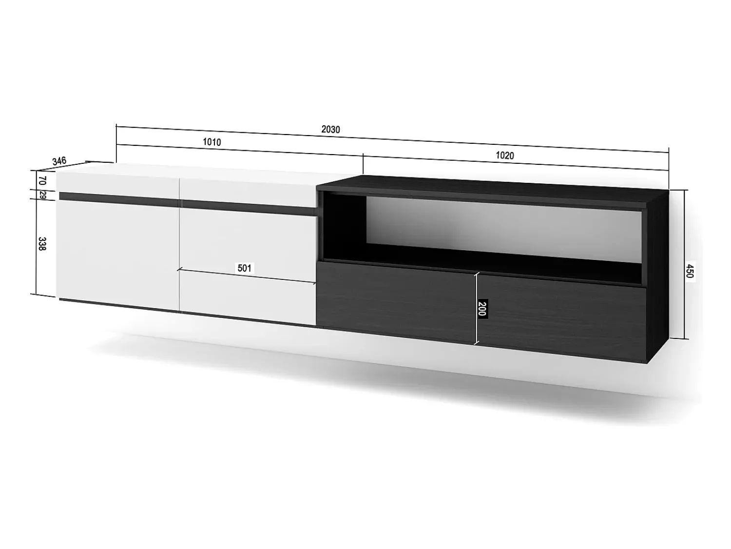 Sale Skraut Home Móvel de TV, 200x35x45cm, Para televisores até 80", Suspensos, e preto Branco