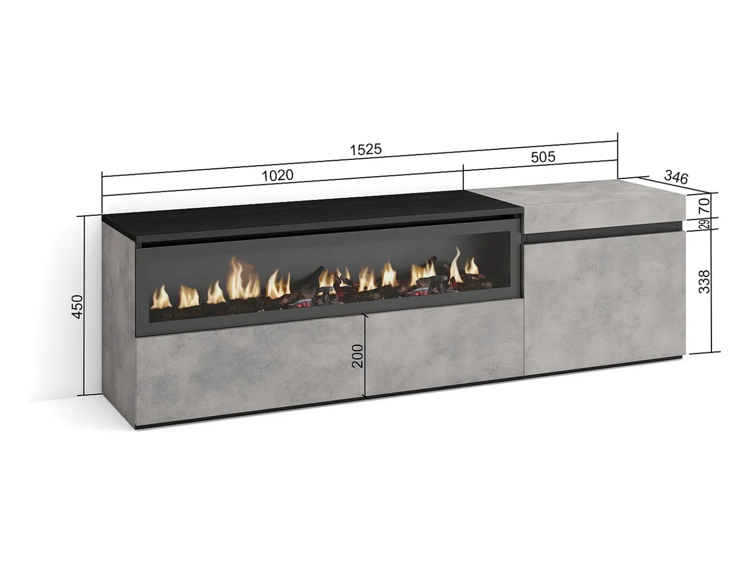 Móvel De Tv|Skraut Home Móvel de TV, 150x35x45cm, Para televisores até 65", Lareira eléctrica, Cimento Cinzento