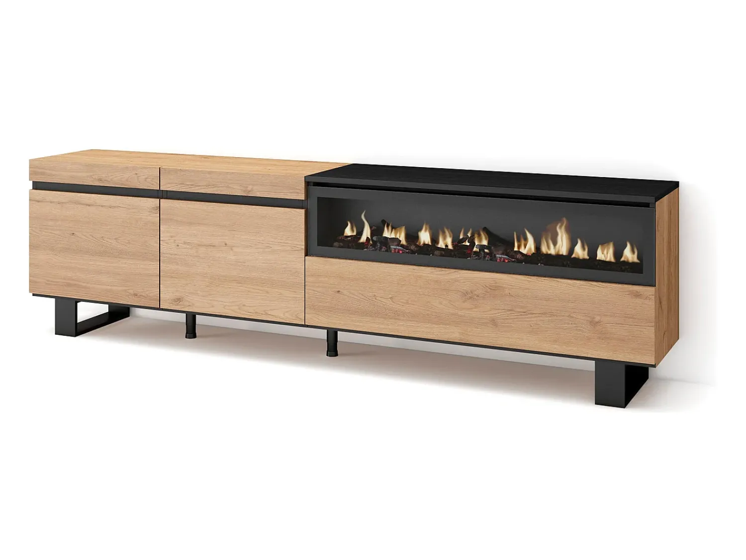 Móvel De Tv*Skraut Home Móvel de TV, 200x35x57cm, Para televisores até 80", Lareira eléctrica, Design industrial, Carvahlo e preto Natural claro
