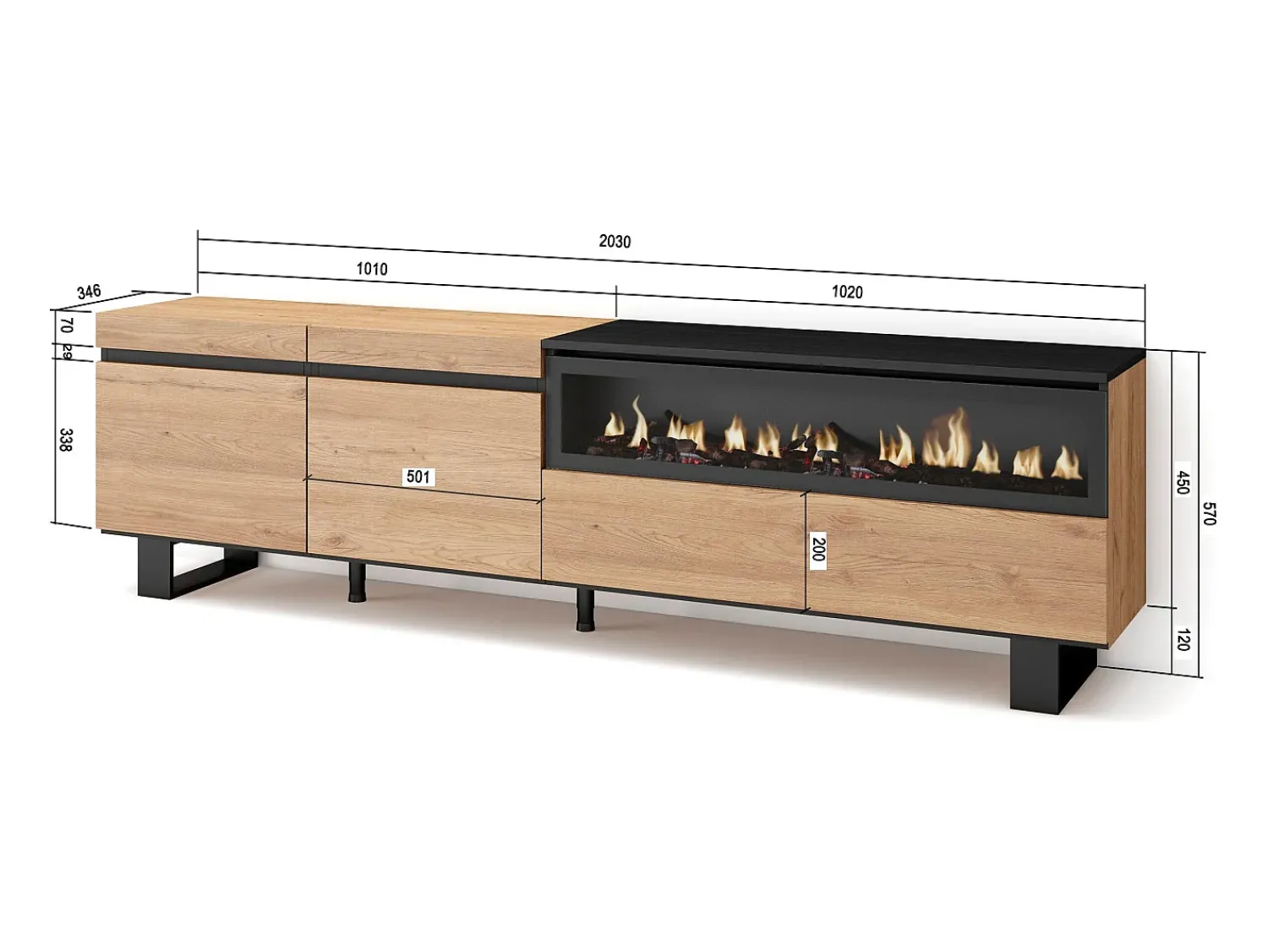 Móvel De Tv*Skraut Home Móvel de TV, 200x35x57cm, Para televisores até 80", Lareira eléctrica, Design industrial, Carvahlo e preto Natural claro