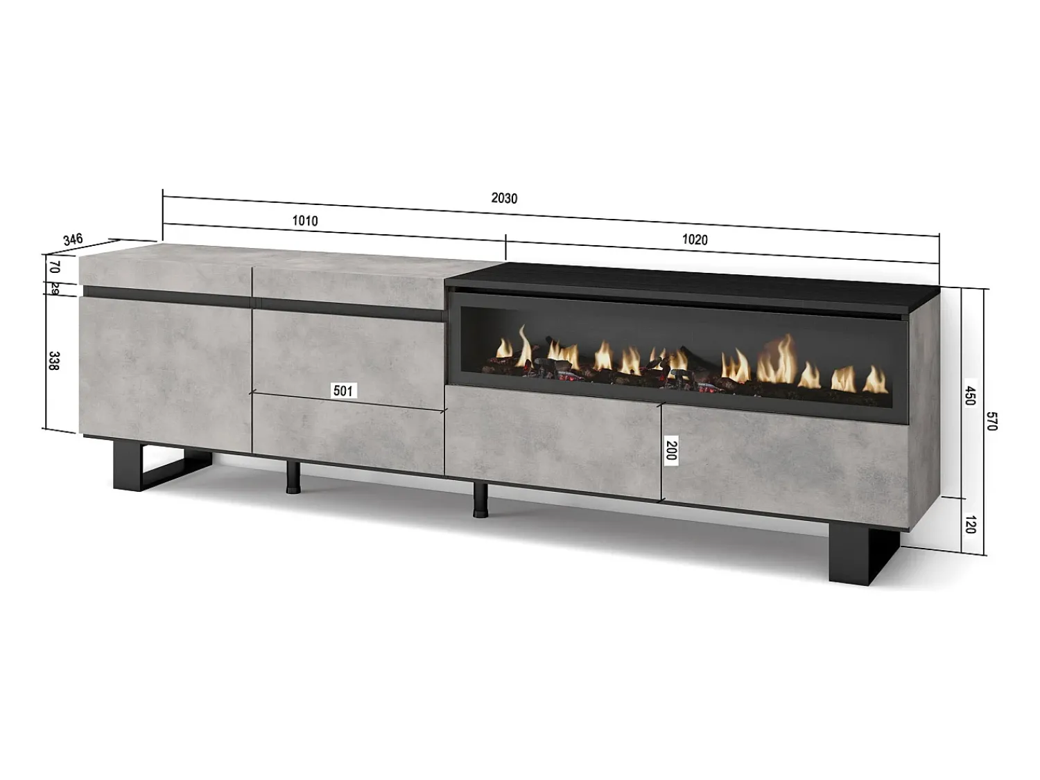 Clearance Skraut Home Móvel de TV, 200x35x57cm, Para televisores até 80", Lareira eléctrica, Design industrial, Cimento Cinzento