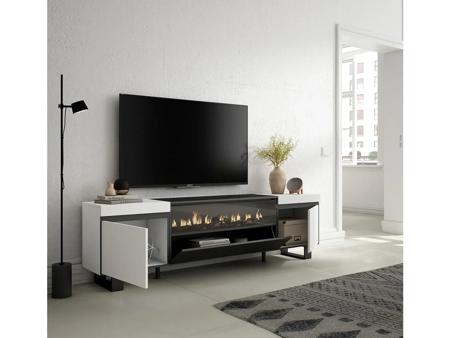 Outlet Skraut Home Móvel de TV, 200x35x57cm, Para televisores até 80", Lareira eléctrica, Design industrial, e preto Branco
