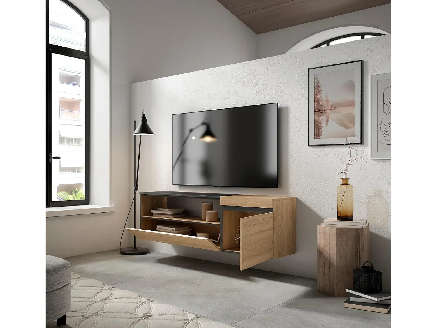 Móvel De Tv*Skraut Home Móvel de TV, 150x35x45cm, Para televisores até 65", Suspensos, Carvahlo e preto Natural claro