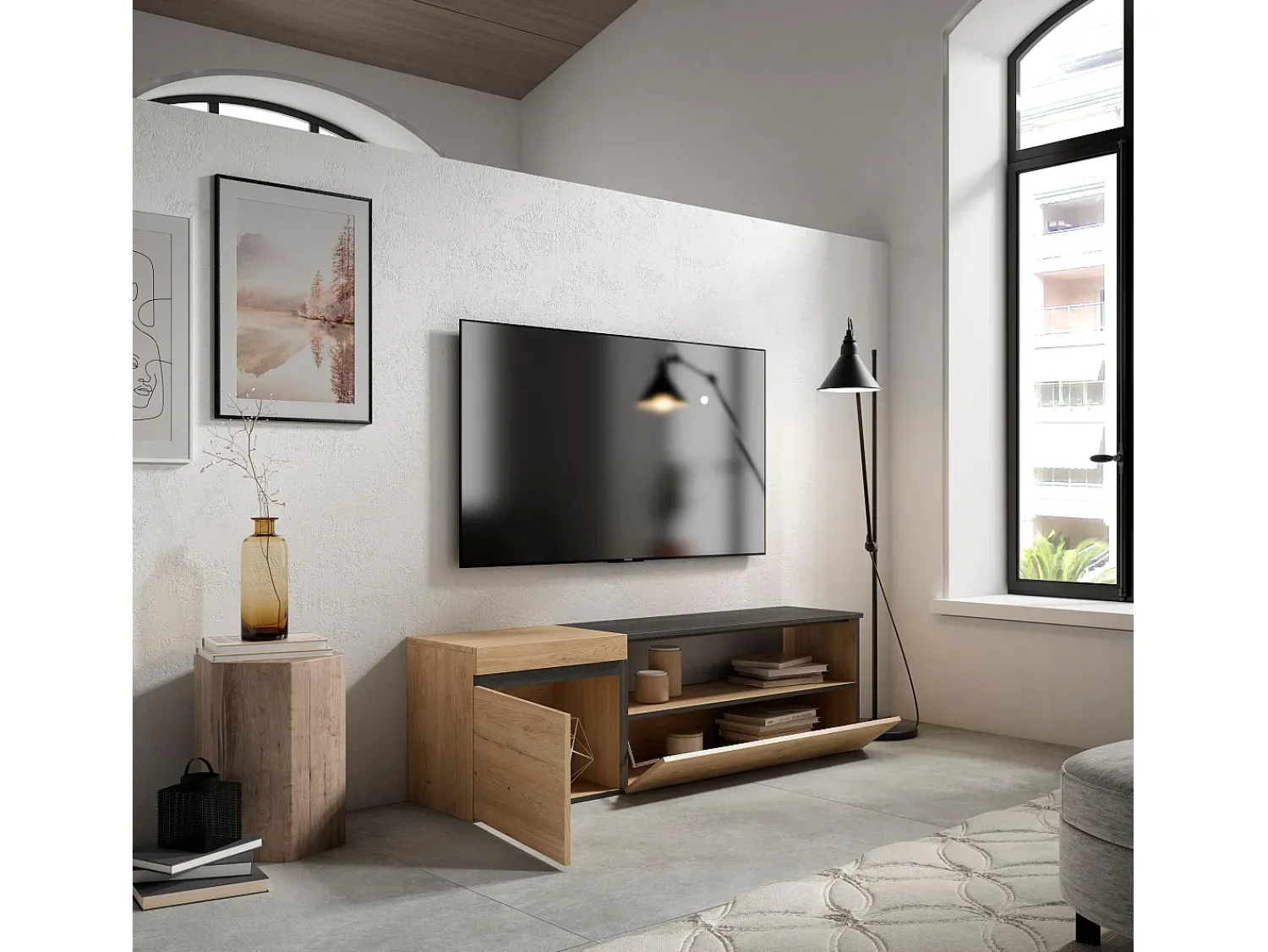 Skraut Home Móvel de TV, 150x35x45cm, Para televisores até 65", Estante para TV, Carvahlo e preto^ Móvel De Tv