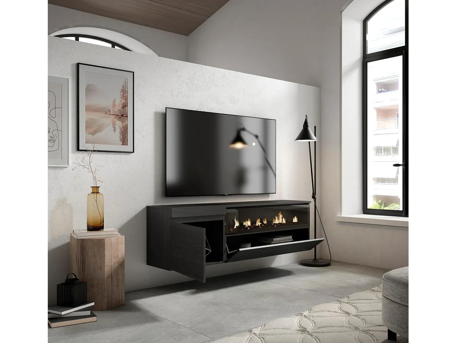 Móvel De Tv*Skraut Home Móvel de TV, 150x35x45cm, Para televisores até 65", Lareira eléctrica, Suspensos, Preto