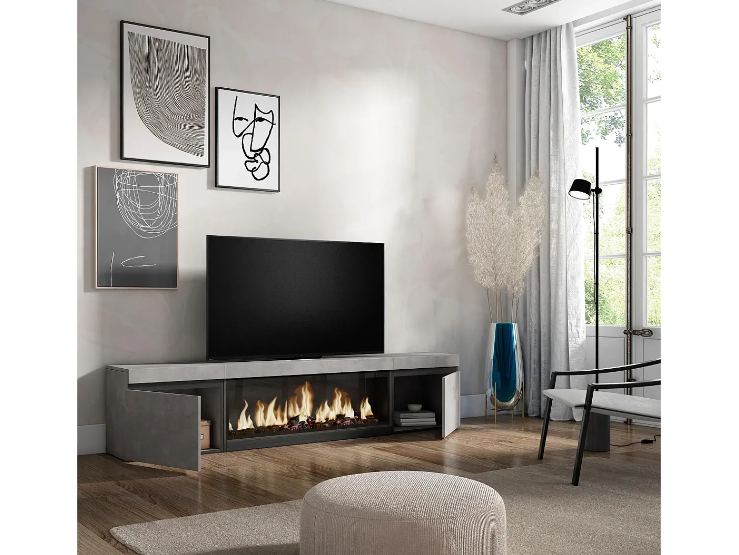 Móvel De Tv*Skraut Home Móvel de TV, 208x35x45cm, Para televisores até 80", Lareira eléctrica XXL, Cimento Cinzento