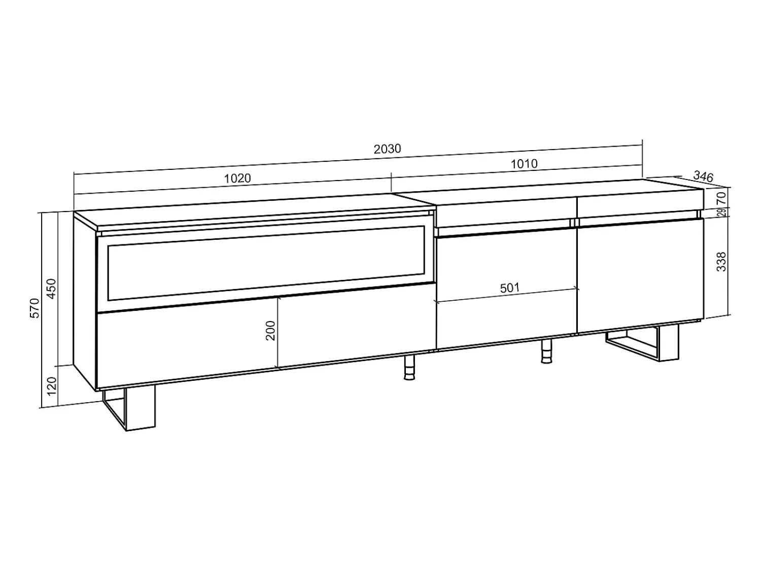 New Skraut Home Móvel de TV, 200x35x57cm, Para televisores até 80", Lareira eléctrica, Design industrial, e preto Branco