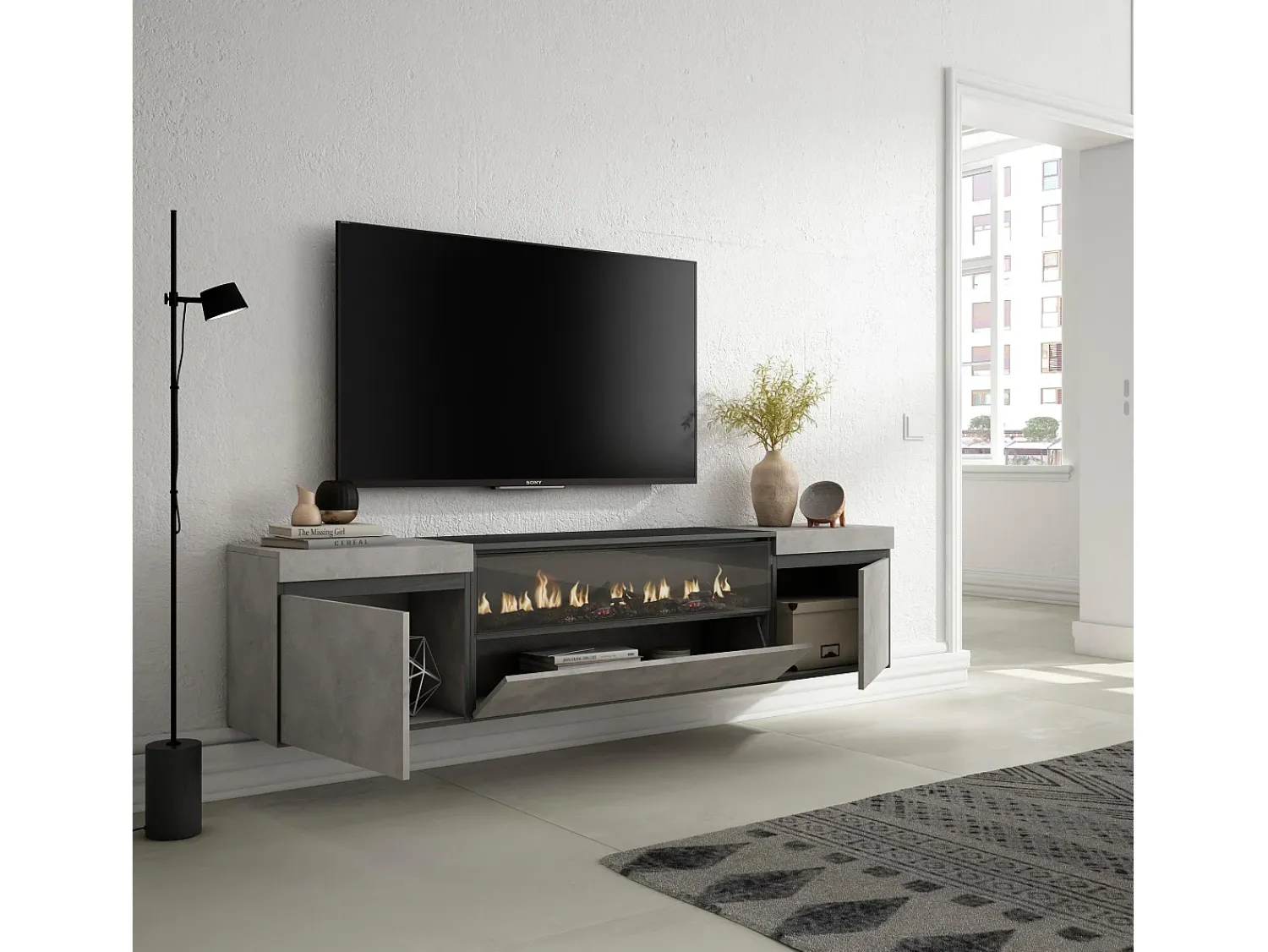 New Skraut Home Móvel de TV, 200x35x45cm, Para televisores até 80", Lareira eléctrica, Suspensos, Cimento Cinzento