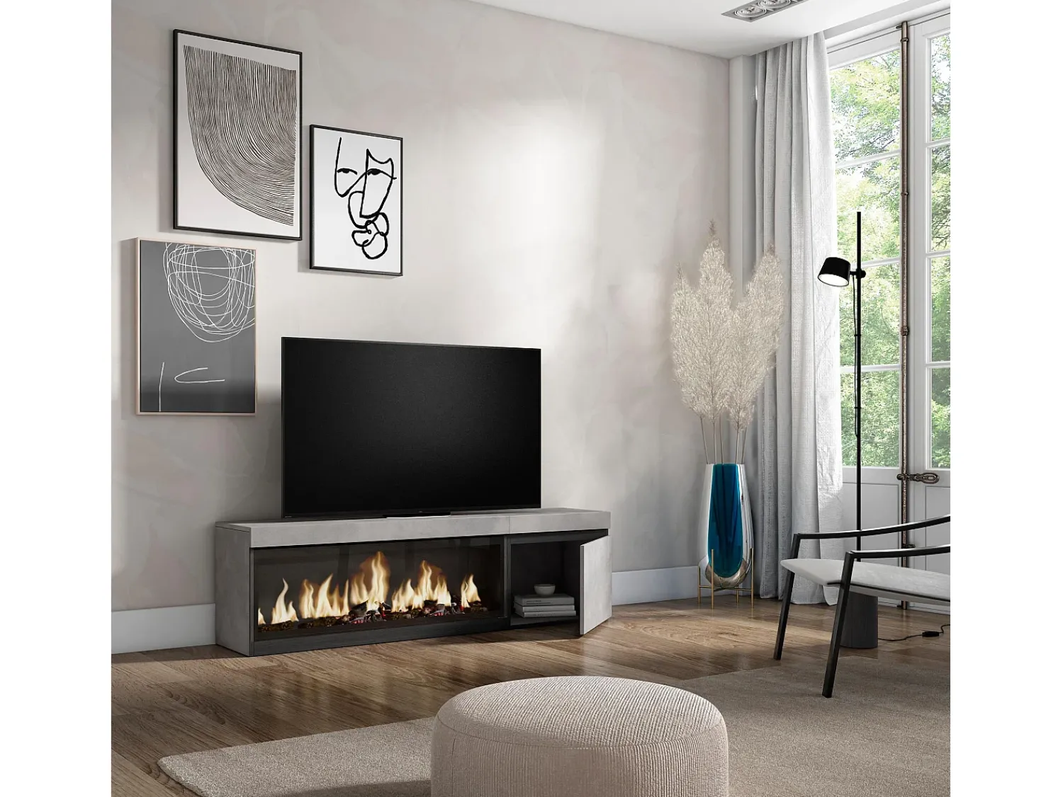 Discount Skraut Home Móvel de TV, 158x35x45cm, Para televisores até 65", Lareira eléctrica XXL, Cimento Cinzento