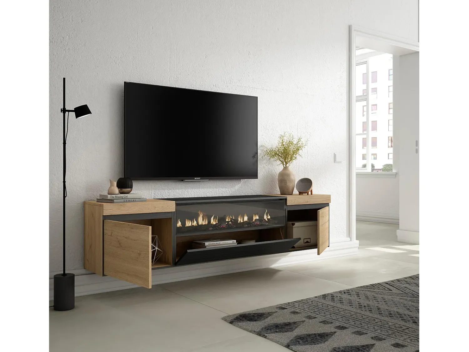 Móvel De Tv*Skraut Home Móvel de TV, 200x35x45cm, Para televisores até 80", Lareira eléctrica, Suspensos, Carvahlo e preto Natural claro