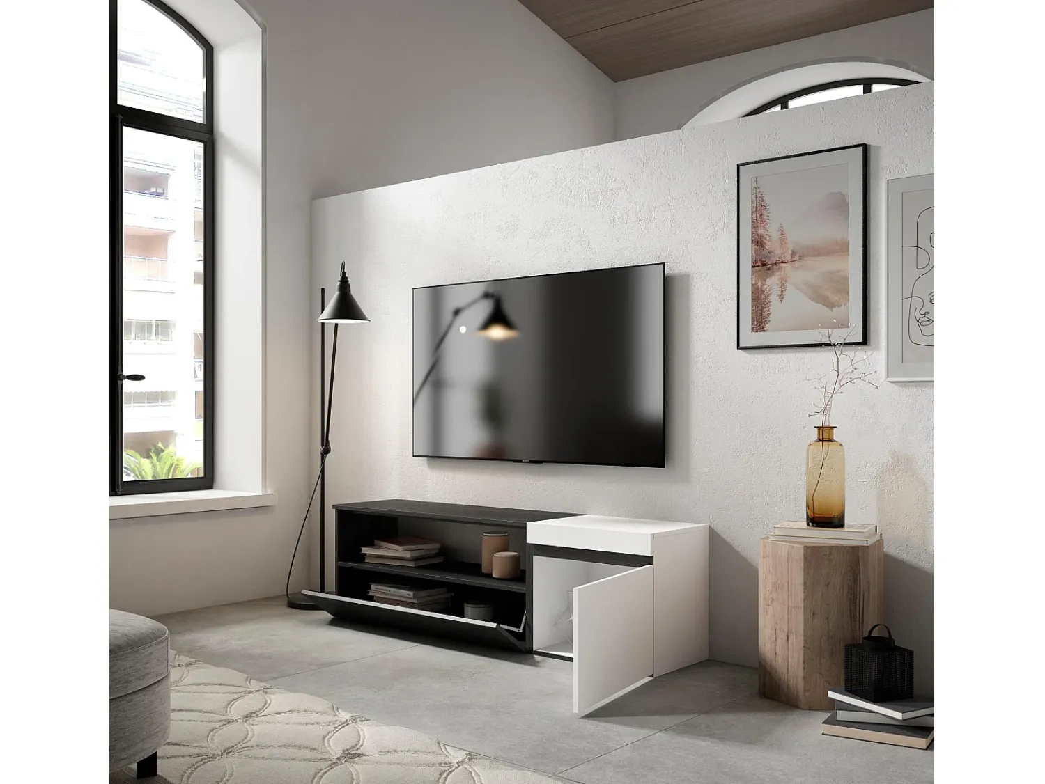 Móvel De Tv*Skraut Home Móvel de TV, 150x35x45cm, Para televisores até 65", Estante para TV, e preto Branco