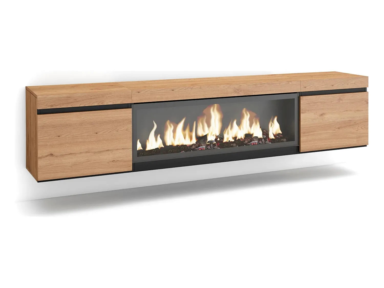 Skraut Home Móvel de TV, 208x35x45cm, Para televisores até 80", Lareira eléctrica XXL, Suspensos, Carvahlo Natural claro