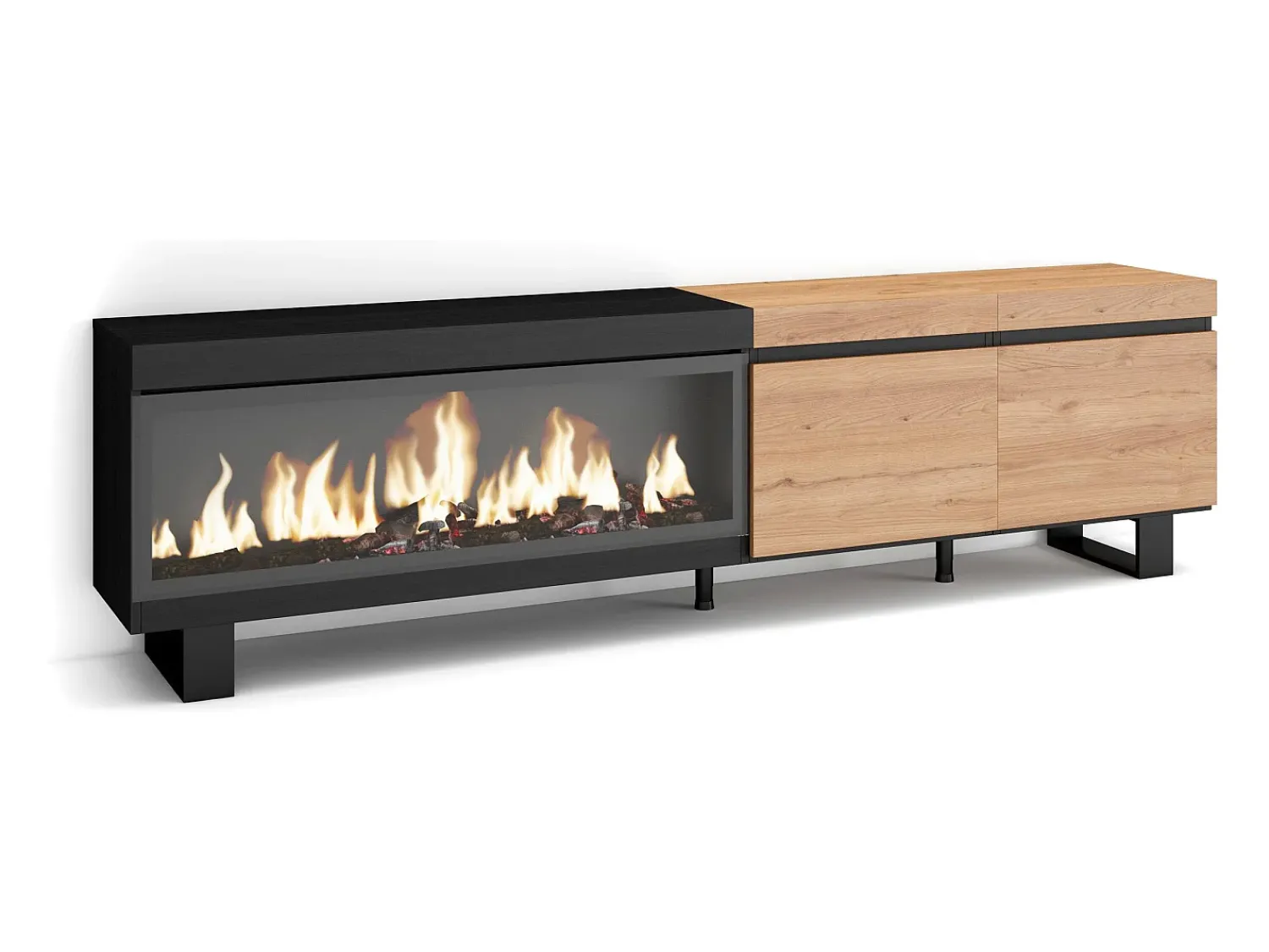 Móvel De Tv*Skraut Home Móvel de TV, 208x35x57cm, Para televisores até 80", Lareira eléctrica XXL, Design industrial, Carvahlo e preto Natural claro