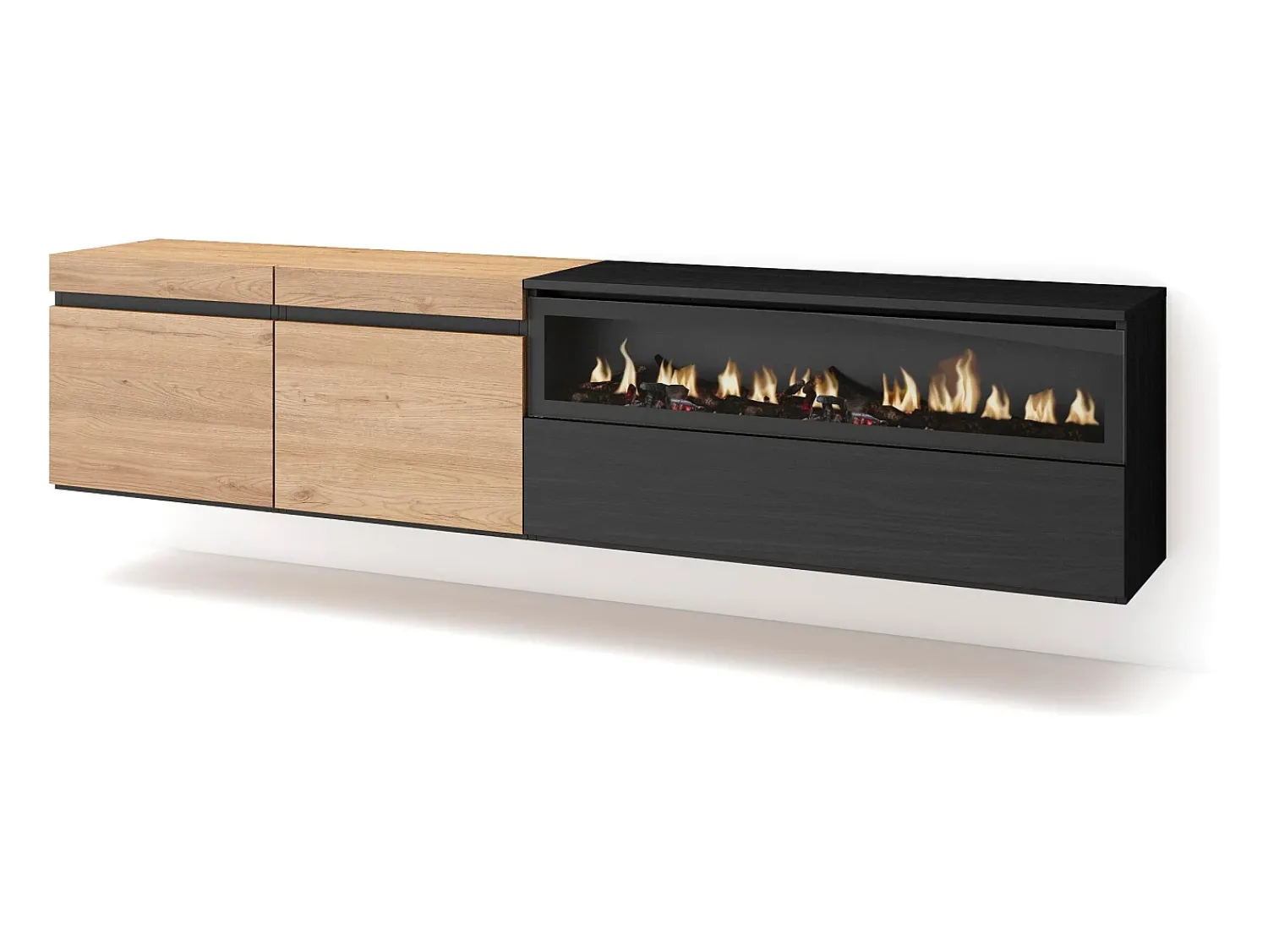 Móvel De Tv|Skraut Home Móvel de TV, 200x35x45cm, Para televisores até 80", Lareira eléctrica, Suspensos, Carvahlo e preto Natural claro