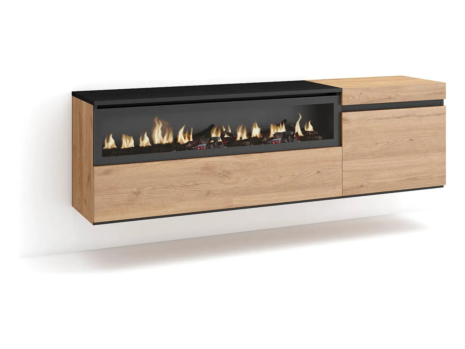 Móvel De Tv*Skraut Home Móvel de TV, 150x35x45cm, Para televisores até 65", Lareira eléctrica, Suspensos, Carvahlo e preto Natural claro