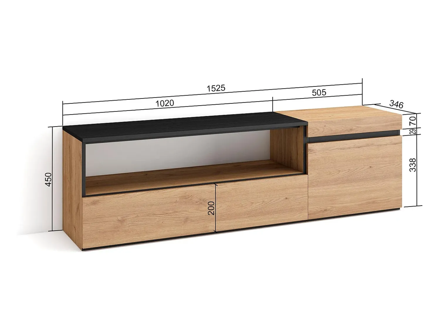 Móvel De Tv*Skraut Home Móvel de TV, 150x35x45cm, Para televisores até 65", Estante para TV, Carvahlo e preto Natural claro