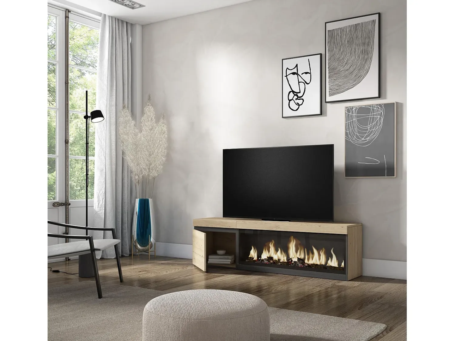 Online Skraut Home Móvel de TV, 158x35x45cm, Para televisores até 65", Lareira eléctrica XXL, Carvahlo Natural claro