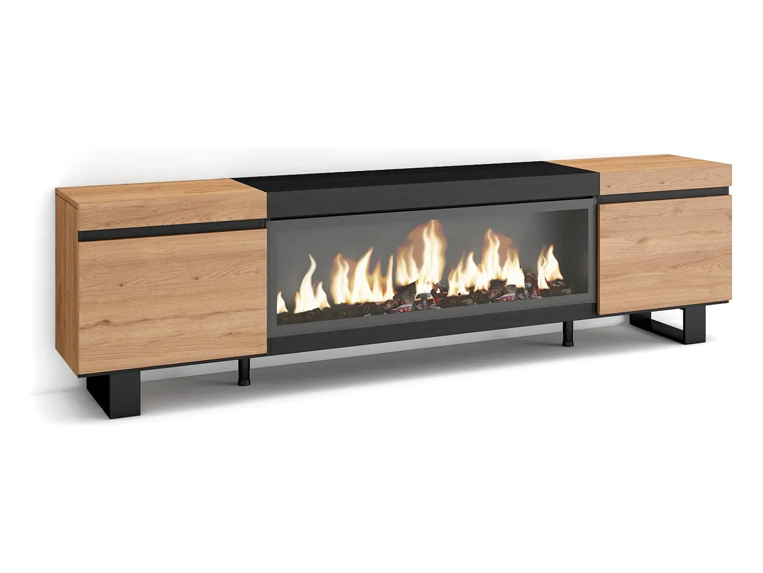 Móvel De Tv|Skraut Home Móvel de TV, 208x35x57cm, Para televisores até 80", Lareira eléctrica XXL, Design industrial, Carvahlo e preto Natural claro