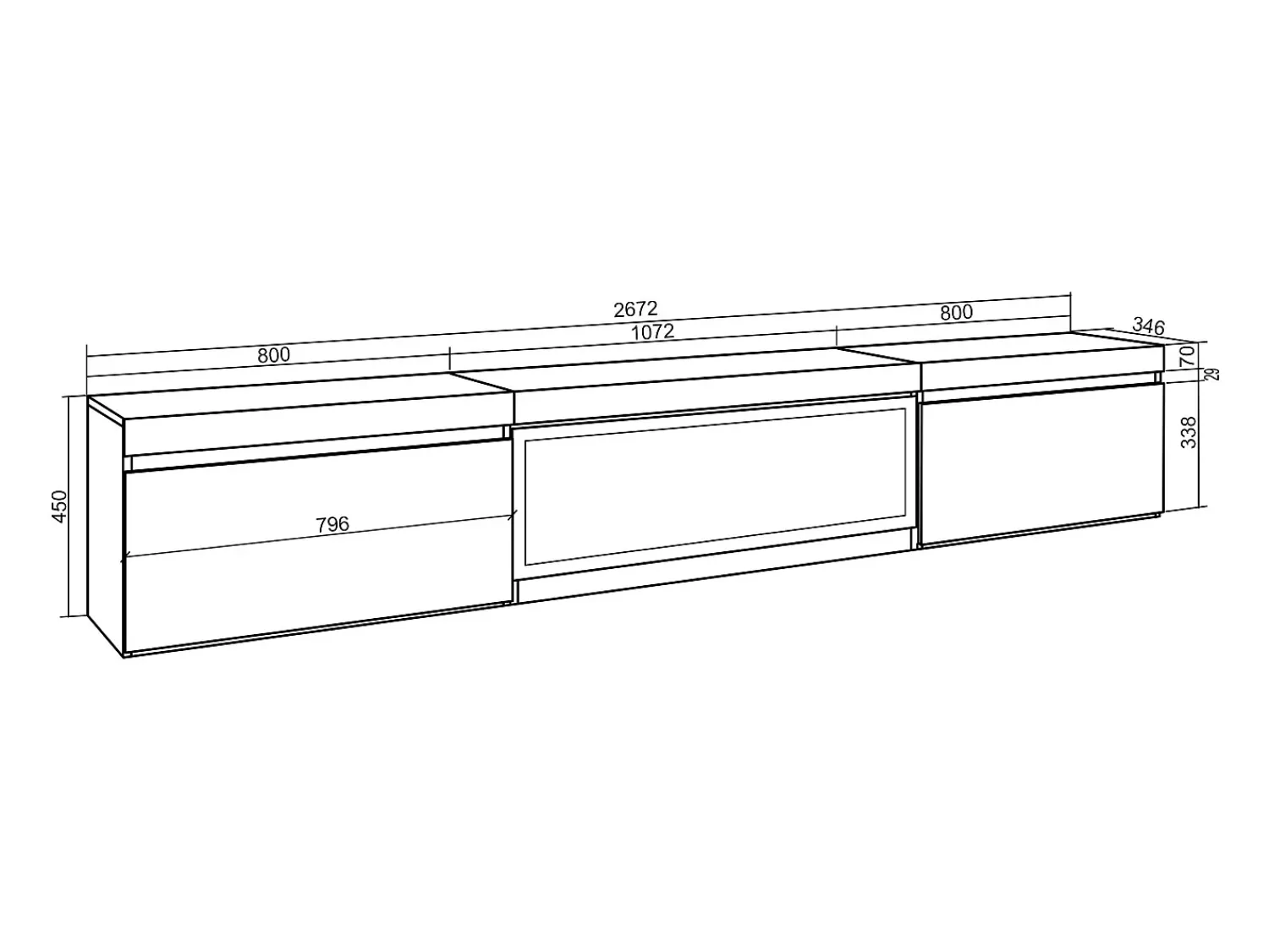 Sale Skraut Home Móvel de TV, 267x35x45cm, TV de grande formato, Lareira eléctrica XXL, Suspensos, Cimento Cinzento
