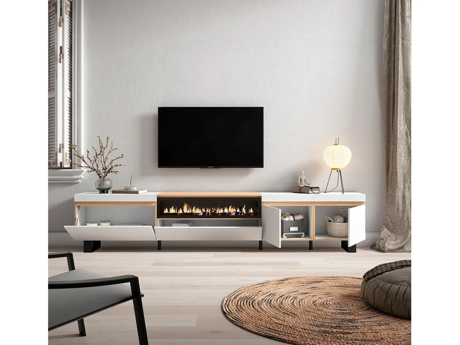 New Skraut Home Móvel de TV, 288x35x57cm, TV de grande formato, Lareira eléctrica, Design industrial, e Carvalho soft Branco