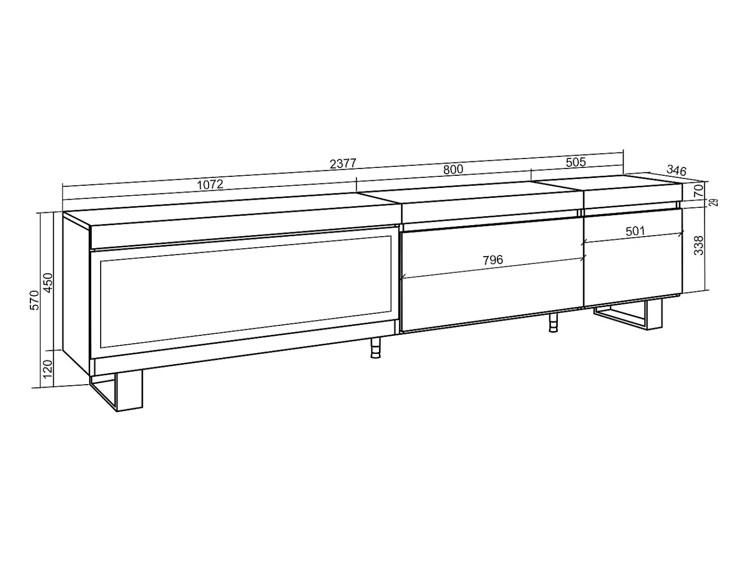 Móvel De Tv|Skraut Home Móvel de TV, 237x35x57cm, TV de grande formato, Lareira eléctrica XXL, Design industrial, Carvahlo e preto Multicor