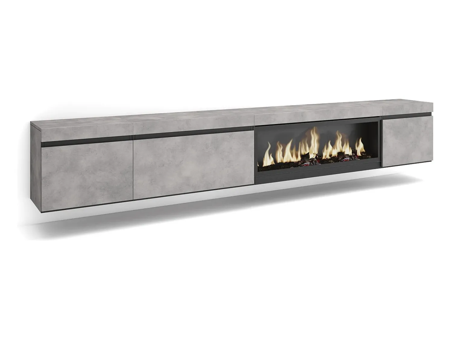 Móvel De Tv|Skraut Home Móvel de TV, 288x35x45cm, TV de grande formato, Lareira eléctrica XXL, Suspensos, Cimento Cinzento