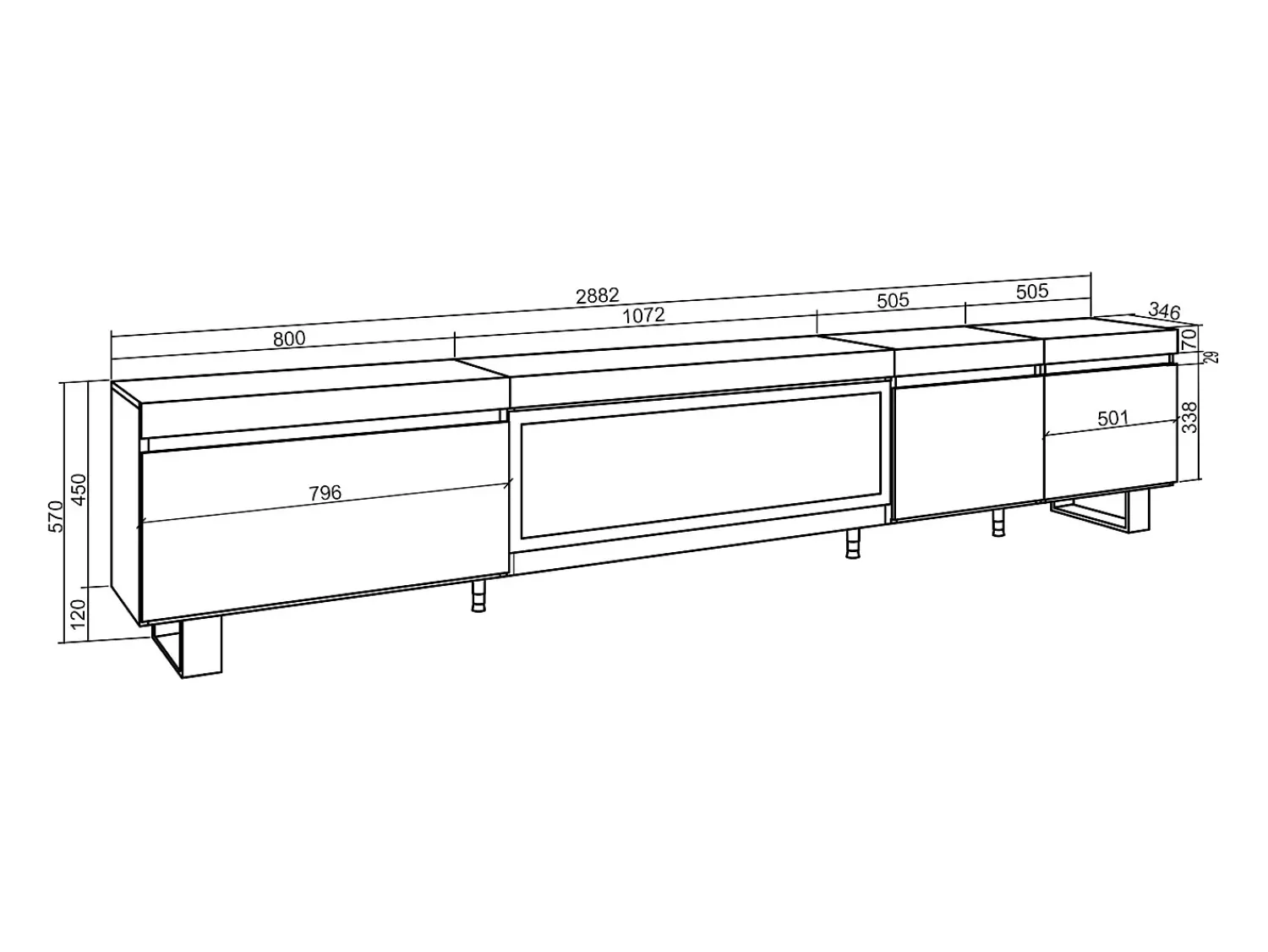 Móvel De Tv|Skraut Home Móvel de TV, 288x35x57cm, TV de grande formato, Lareira eléctrica XXL, Design industrial, Carvahlo e preto Multicor