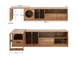Hot Móvel giratório moderno para TV, 180(+80)×40×50 cm, cor nogueira, portas de vidro reforçado, área de descanso para gatos. Castanho