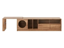 Hot Móvel giratório moderno para TV, 180(+80)×40×50 cm, cor nogueira, portas de vidro reforçado, área de descanso para gatos. Castanho