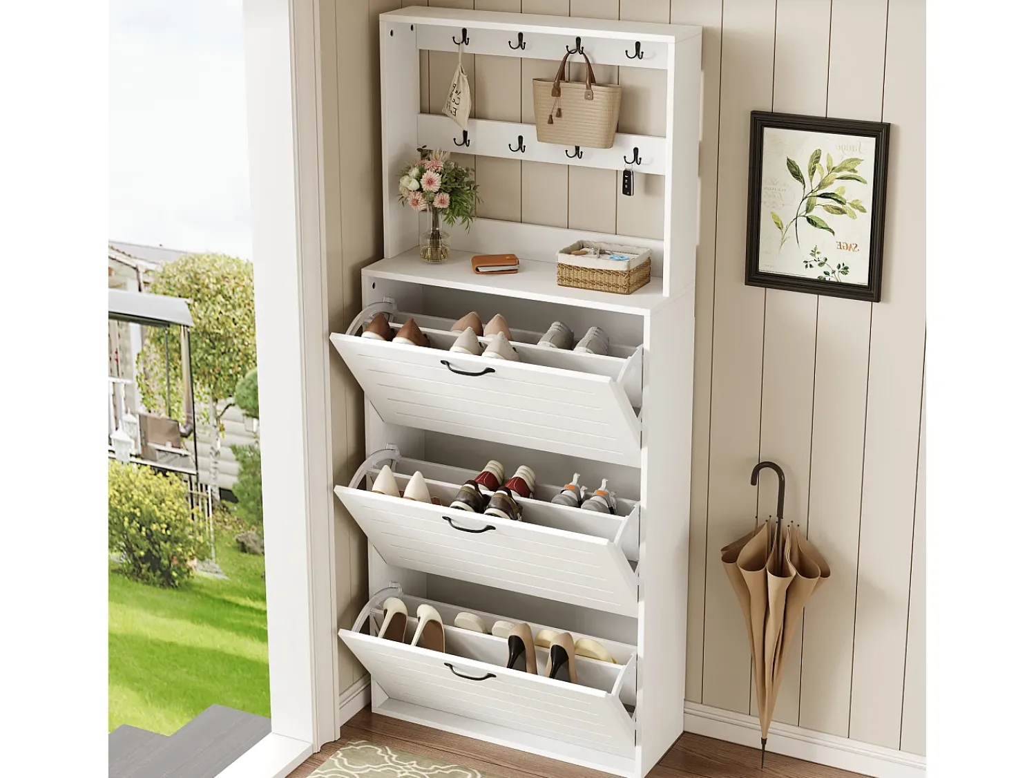 Discount ModernLuxe Móvel para sapatos 70×25×165 cm - com 8 ganchos - com 3 portas - painel de partículas - Branco