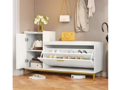 Móvel De Arrumação|Sapateira*ModernLuxe Móvel para sapatos brilhante 100x38x68 cm - com 2 portas - com trocador - Pés de metal - + dourado Branco