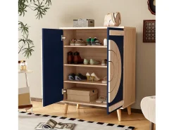 Hot ModernLuxe Móvel para sapatos moderno 76x37x98,5 cm - con 2 portas - Armazenamento multi-níveis - Pés de madeira - Azul e natural Azul / Natural claro