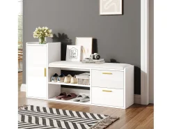 Móvel De Arrumação|Sapateira*ModernLuxe Móvel para sapatos 128x30x68 cm - com 2 gavetas e 1 porta - com banco para calçado - Acabamento brilhante - Branco