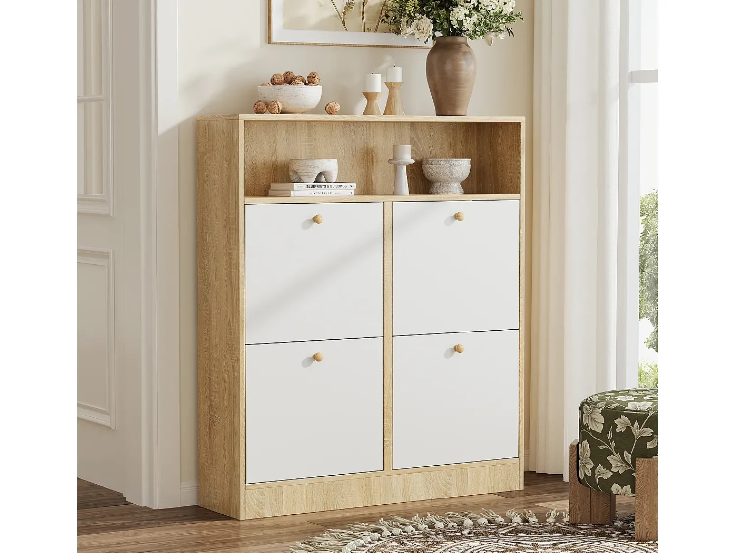 Móvel De Arrumação|Sapateira*ModernLuxe Móvel para sapatos 90x24x104,5cm - con 4 portas basculantes - con prateleiras abertas - Branco + Natural Natural claro / Branco