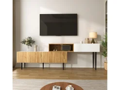 Discount ModernLuxe Móvel para TV 220×30×63,4 cm - design em dois módulos - acabamento madeirado - branco + natural Natural claro / Branco