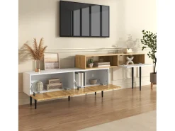 Discount ModernLuxe Móvel para TV 220×30×63,4 cm - design em dois módulos - acabamento madeirado - branco + natural Natural claro / Branco